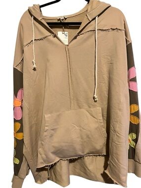 Women's Beige Hooded Sweatshirt with Floral Sleeve Accents